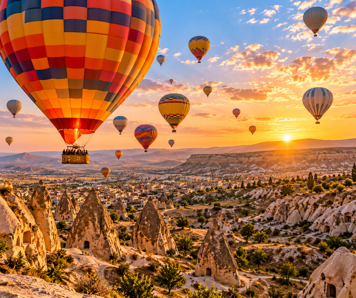 Hot air balloons flying above Cappadocia Türkiye